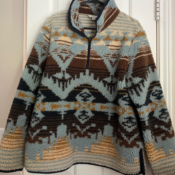 LL Bean Signature Sherpa Fleece Pullover 1/4 Zip Jacquard blue brown cream Mediu - Picture 1 of 11